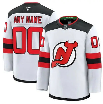 Customizable New Jersey Devils home premium white hockey jersey on display