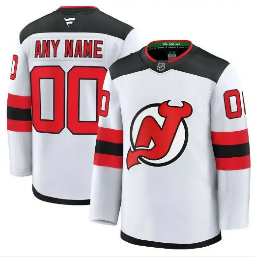 Customizable New Jersey Devils home premium white hockey jersey on display
