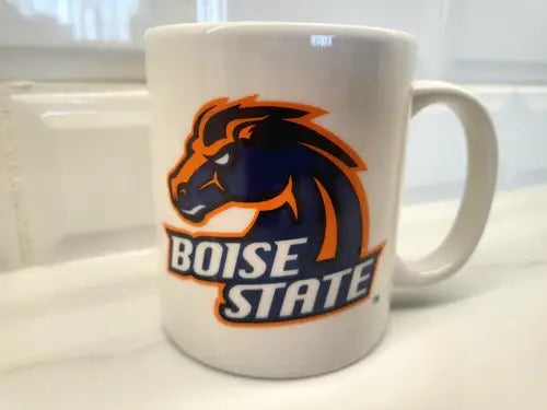 White Boise State Broncos Ceramic Coffee Mug featuring the classic logo design