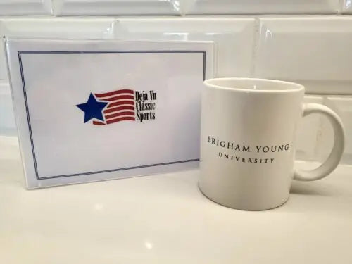 White ceramic coffee mug Featuring Brigham Young University logo and design