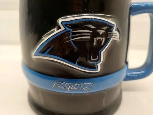 Black 3D sculpted Carolina Panthers ceramic coffee mug with official logo design