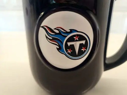 Black ceramic coffee mug featuring Tennessee Titans 3D logo relief design