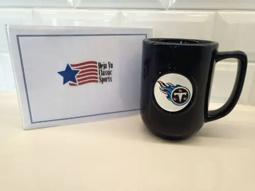 Navy blue Tennessee Titans relief ceramic coffee mug showcasing 3D logo design