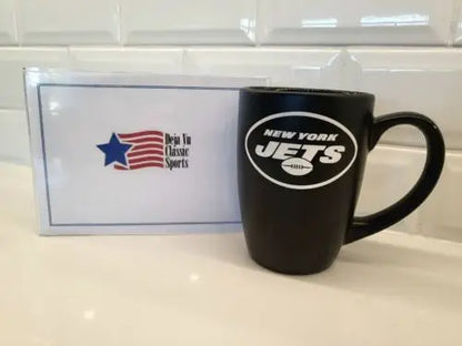 Black New York Jets ceramic coffee mug featuring bistro logo for NFL fans
