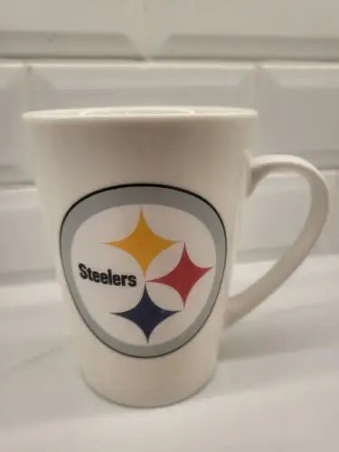 White mug with Pittsburgh Steelers logo, licensed bone china coffee mug for fans