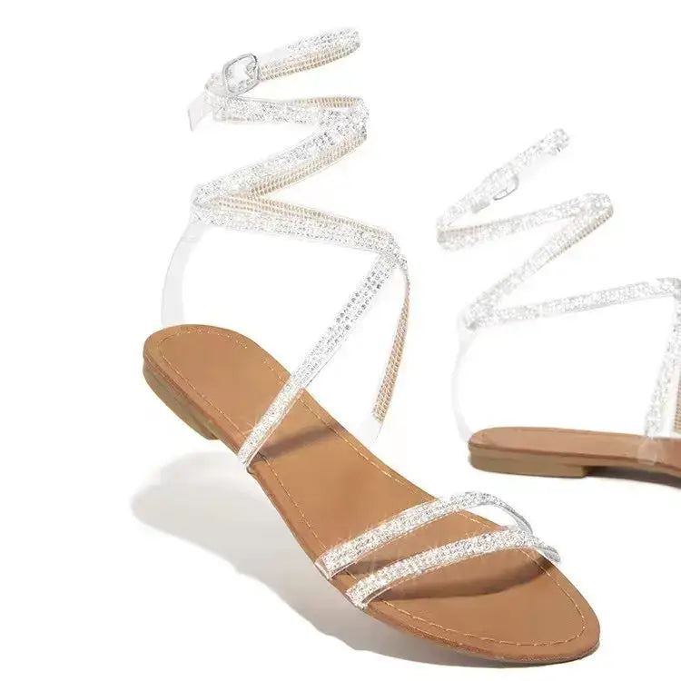 Decorate root New Rhinestone Women’s Sandals with flat sole and wrap-around ankle ties