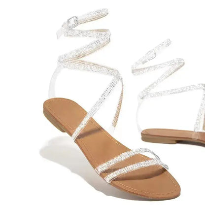 Decorate root New Rhinestone Women’s Sandals with flat sole and wrap-around ankle ties