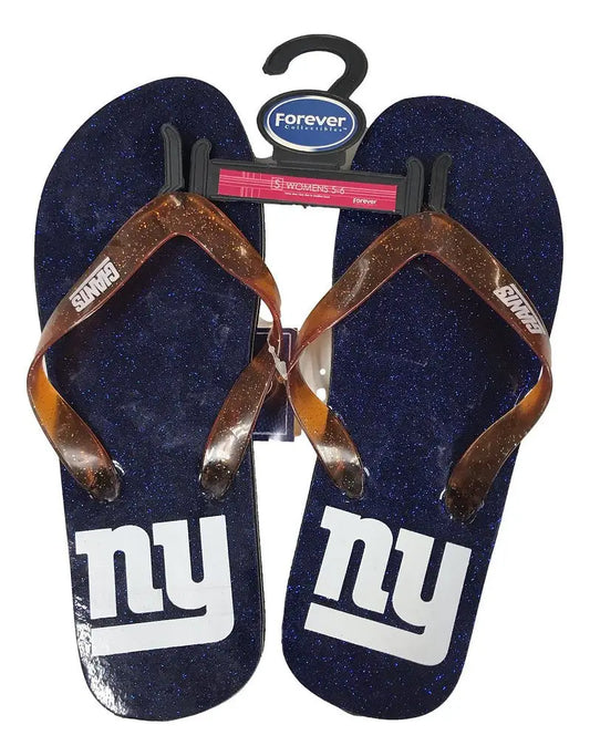 Navy blue New York Giants Womens Glitter Thong Flip Flop Sandals with brown straps