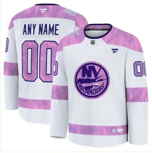 White and pink New York Islanders 2024 Hockey Fights Cancer practice jersey