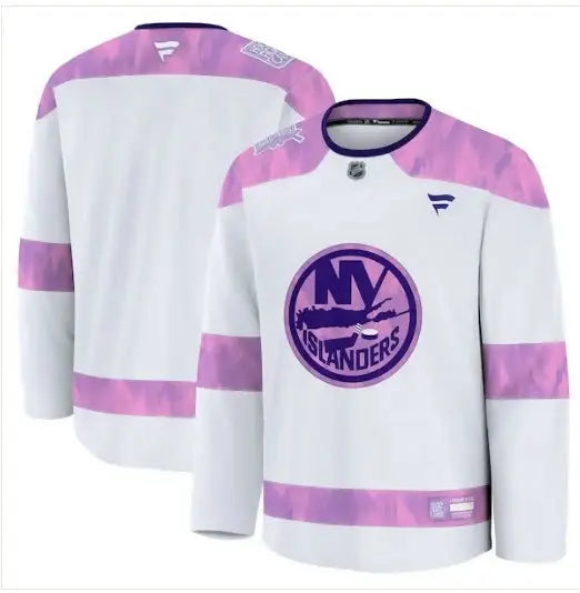 White and pink New York Islanders hockey practice jersey for Hockey Fights Cancer 2024