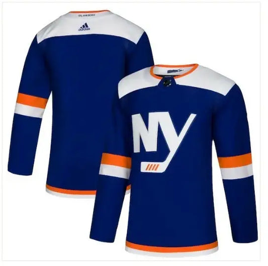 Blue and white New York Islanders hockey jersey with orange stripes and NY logo