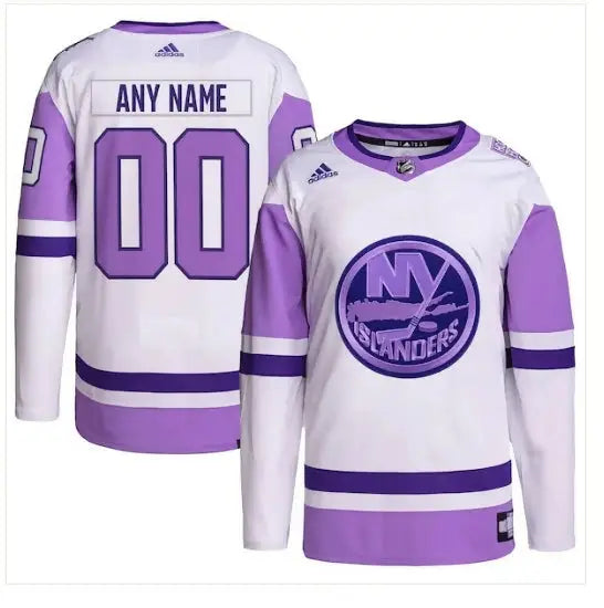White and purple New York Islanders adidas Hockey Fights Cancer Primegreen authentic jersey