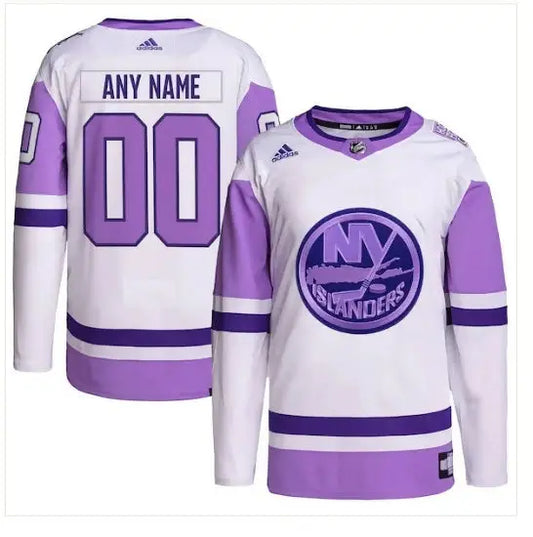 White and purple New York Islanders adidas Hockey Fights Cancer Primegreen authentic jersey