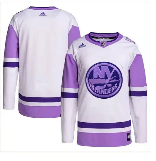 White and purple New York Islanders adidas Hockey Fights Cancer practice jersey