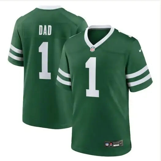 Green American Football jersey with white sleeve stripes for New York Jets Nike #1 Dad Game Jersey