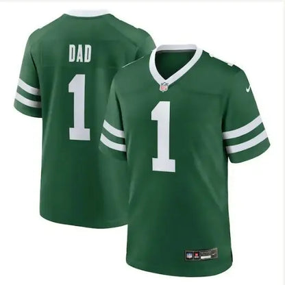 Green American Football jersey with white sleeve stripes for New York Jets Nike #1 Dad Game Jersey