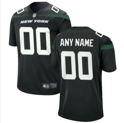 Black New York Jets Nike custom game jersey displayed in Stealth Black color
