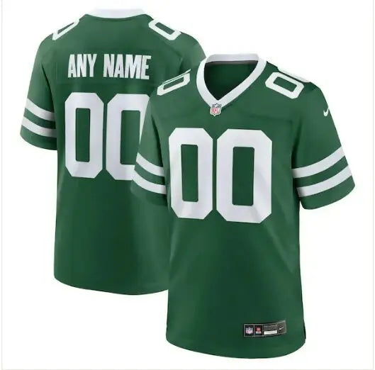 Customizable green New York Jets Nike jersey with white stripes and numbers for fans