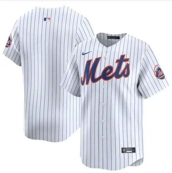 White pinstriped New York Mets Nike Home Limited Jersey displayed for sale