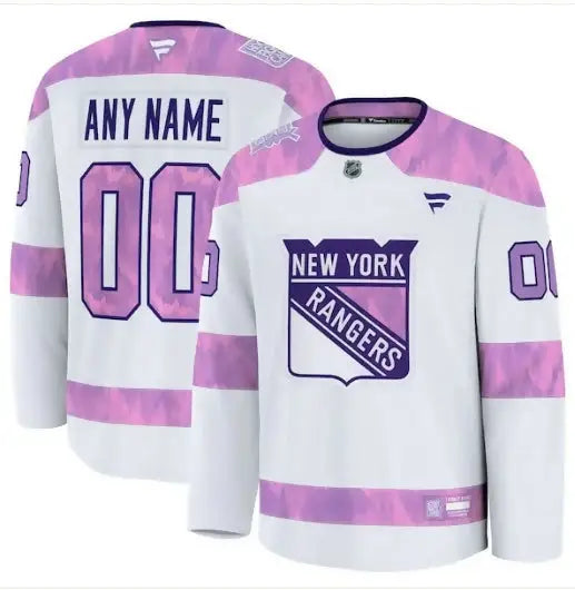 White and lavender New York Rangers 2024 Hockey Fights Cancer practice jersey with customizable name and number