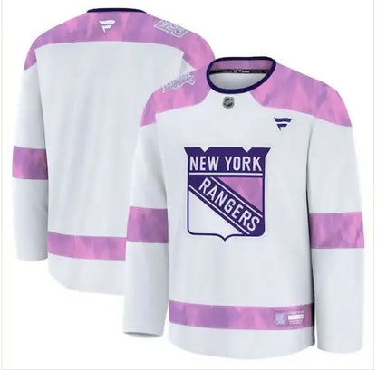 White New York Rangers Hockey Fights Cancer Practice Jersey with purple and pink accents