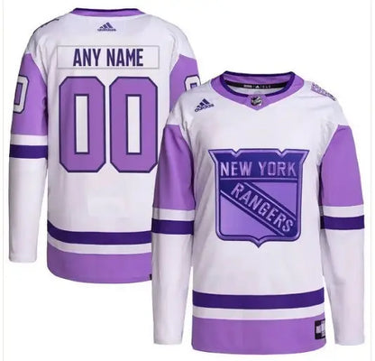 White and purple New York Rangers adidas Hockey Fights Cancer Primegreen authentic jersey