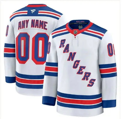 White New York Rangers hockey jersey with blue and red accents displayed for the product New York Rangers Alternate Premium Custom Jersey White