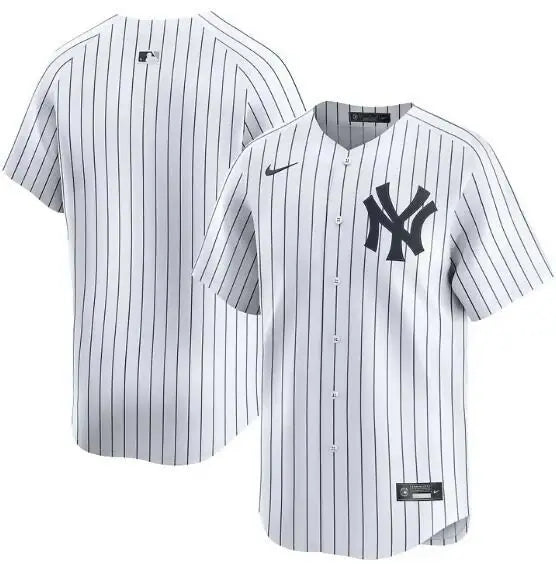 Pinstriped New York Yankees Nike Away Limited White Jersey displayed on a mannequin