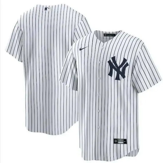 White pinstripe baseball jersey from the New York Yankees Nike Home Replica Team Jersey collection