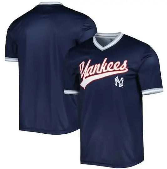 Navy blue Yankees baseball jersey.