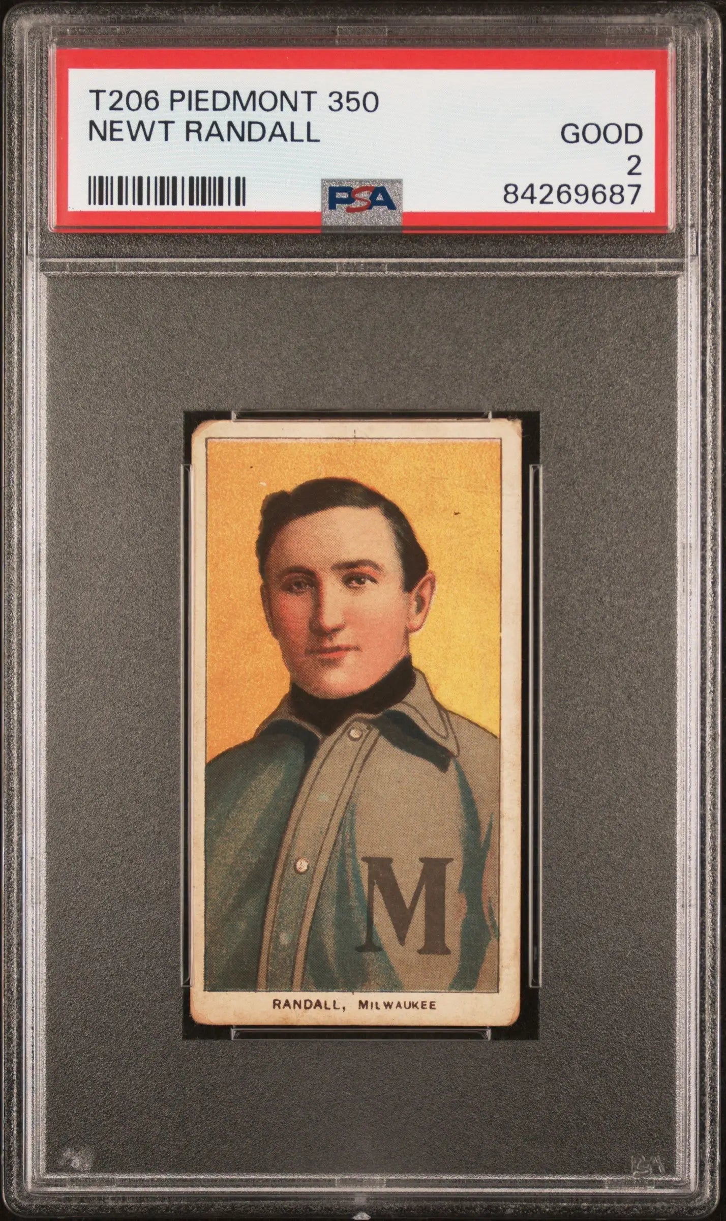 Vintage T206 Piedmont trading card of Newt Randall in gray Montreal uniform