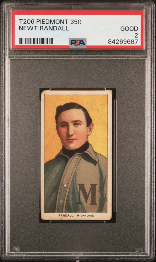 Vintage T206 Piedmont trading card of Newt Randall in gray Montreal uniform