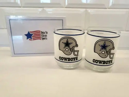 Dallas Cowboys frosted glass helmet shot glasses displayed in NFL promotional product