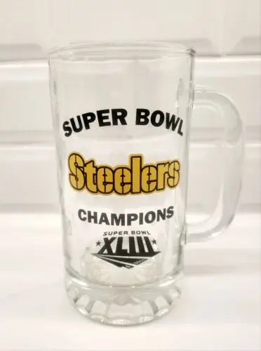 Clear glass Steelers Super Bowl XLIII Championship beer stein mug featuring Super Bowl XLIII logo