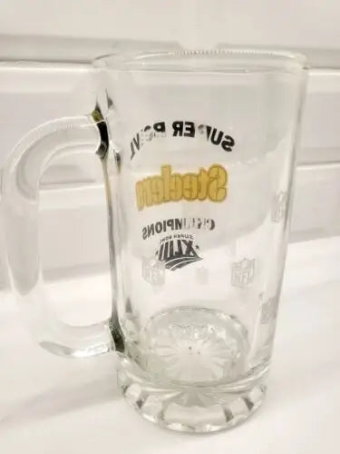 Pittsburgh Steelers Super Bowl XLIII Championship glass mug showcasing Superbowl XLIII details