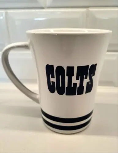 White coffee mug with COLTS text from Boelter Brands, featuring Baltimore Colts logo