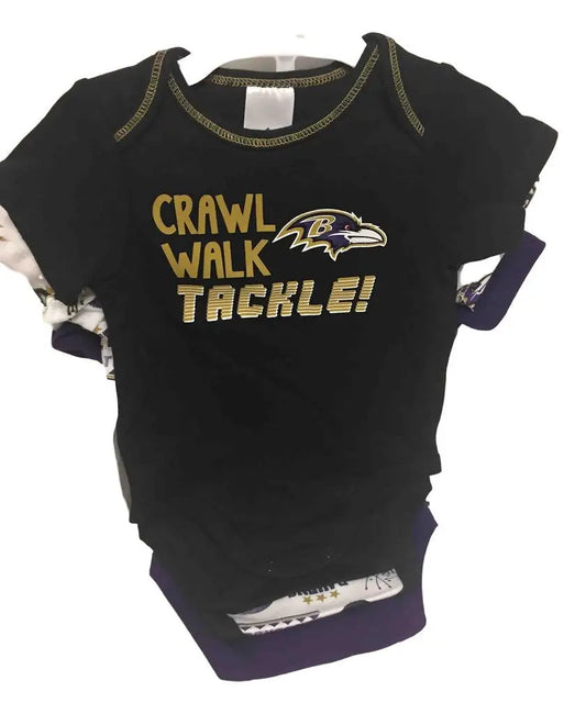 NFL Baltimore Ravens infant onesie with Crawl Walk Tackle text and team logo