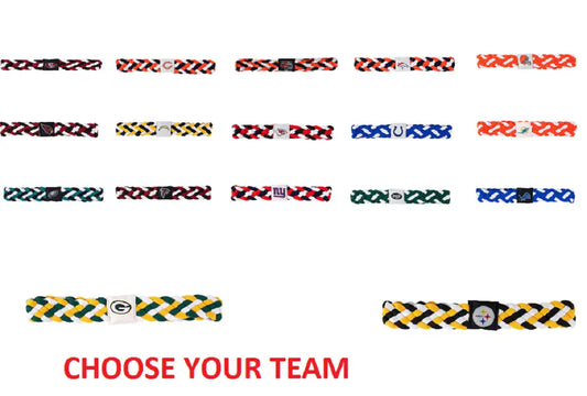 Colorful braided team bracelets and NFL headbands featuring logos for sports fans