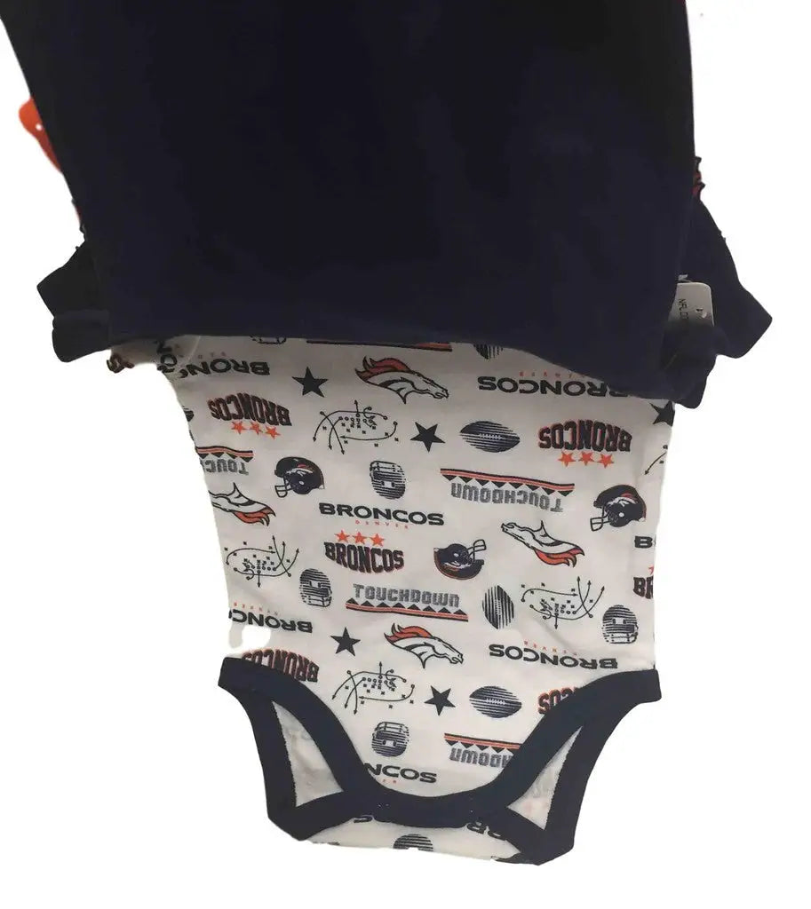 Baby onesie set featuring NFL Denver Broncos logos and symbols for little fans