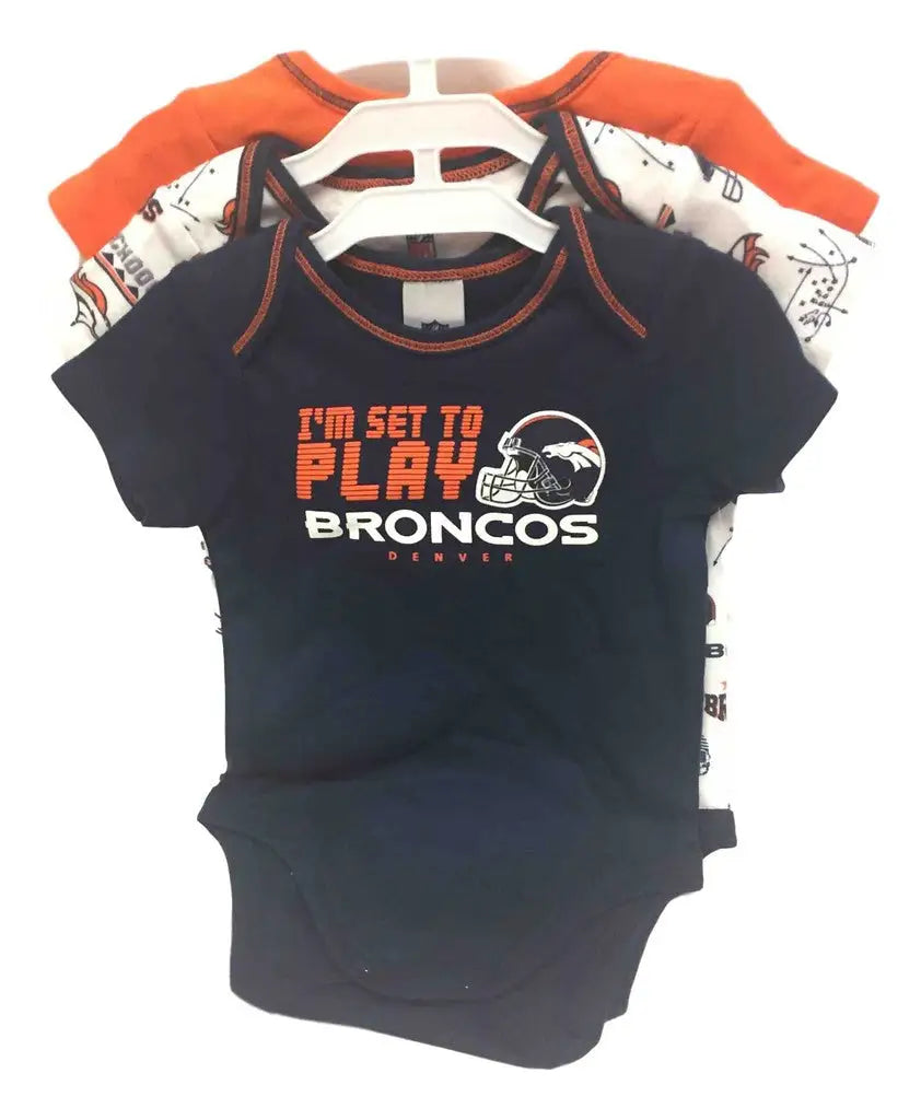 NFL Denver Broncos baby onesie featuring I’m set to play Broncos text and helmet graphic
