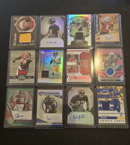Collection of twelve NFL football trading cards with rookie auto and jersey relics
