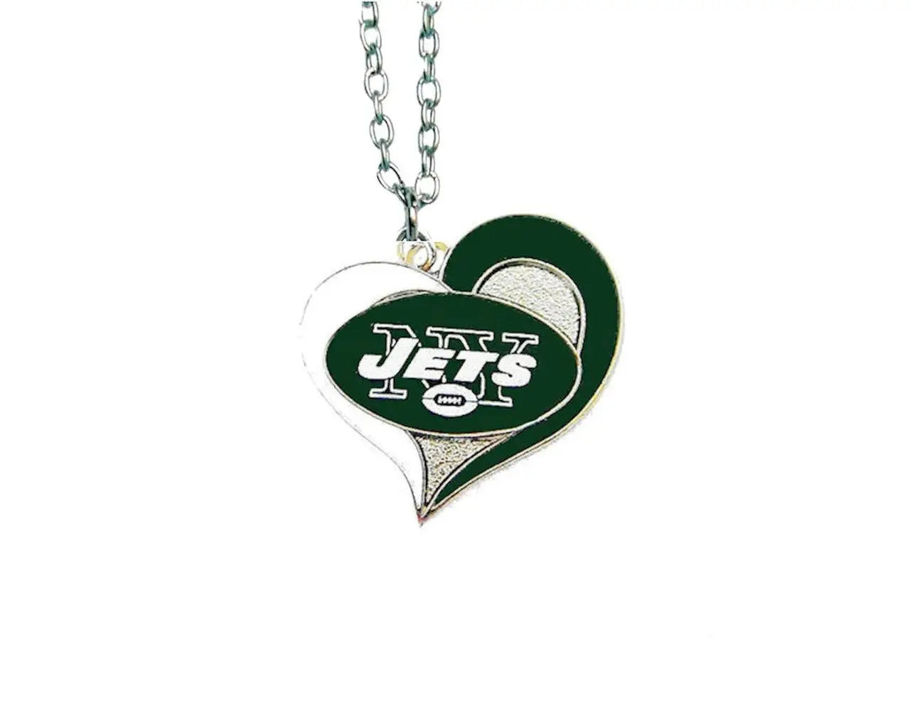 Heart shaped pendant necklace with New York Jets logo in swirl heart design