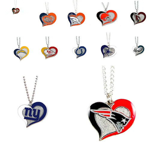 Heart shaped pendant necklaces featuring swirl heart shaped NFL team logos