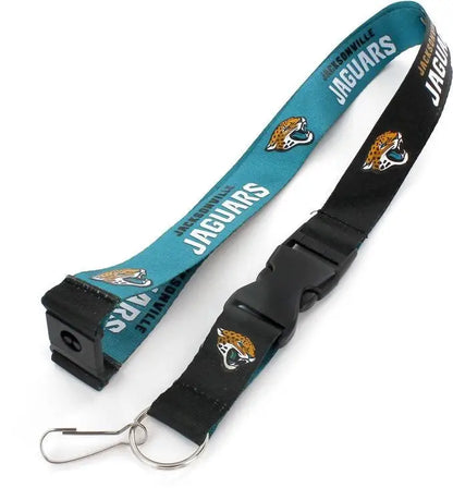 Teal and black reversible lanyard with Jacksonville Jaguars logos for trading cards