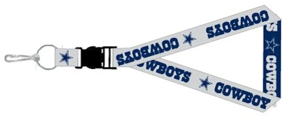 White and blue reversible lanyard featuring Cowboys text and star designs for fans