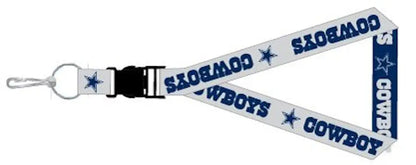 White and blue reversible lanyard featuring Cowboys text and star designs for fans