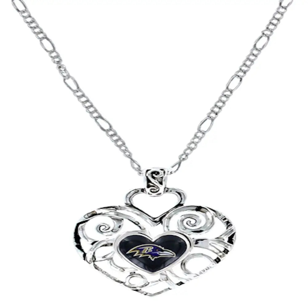 Silver Ivy Heart Pendant with Filigree Design and Baltimore Ravens Team Logo