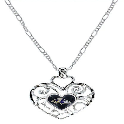 Silver Ivy Heart Pendant with Filigree Design and Baltimore Ravens Team Logo