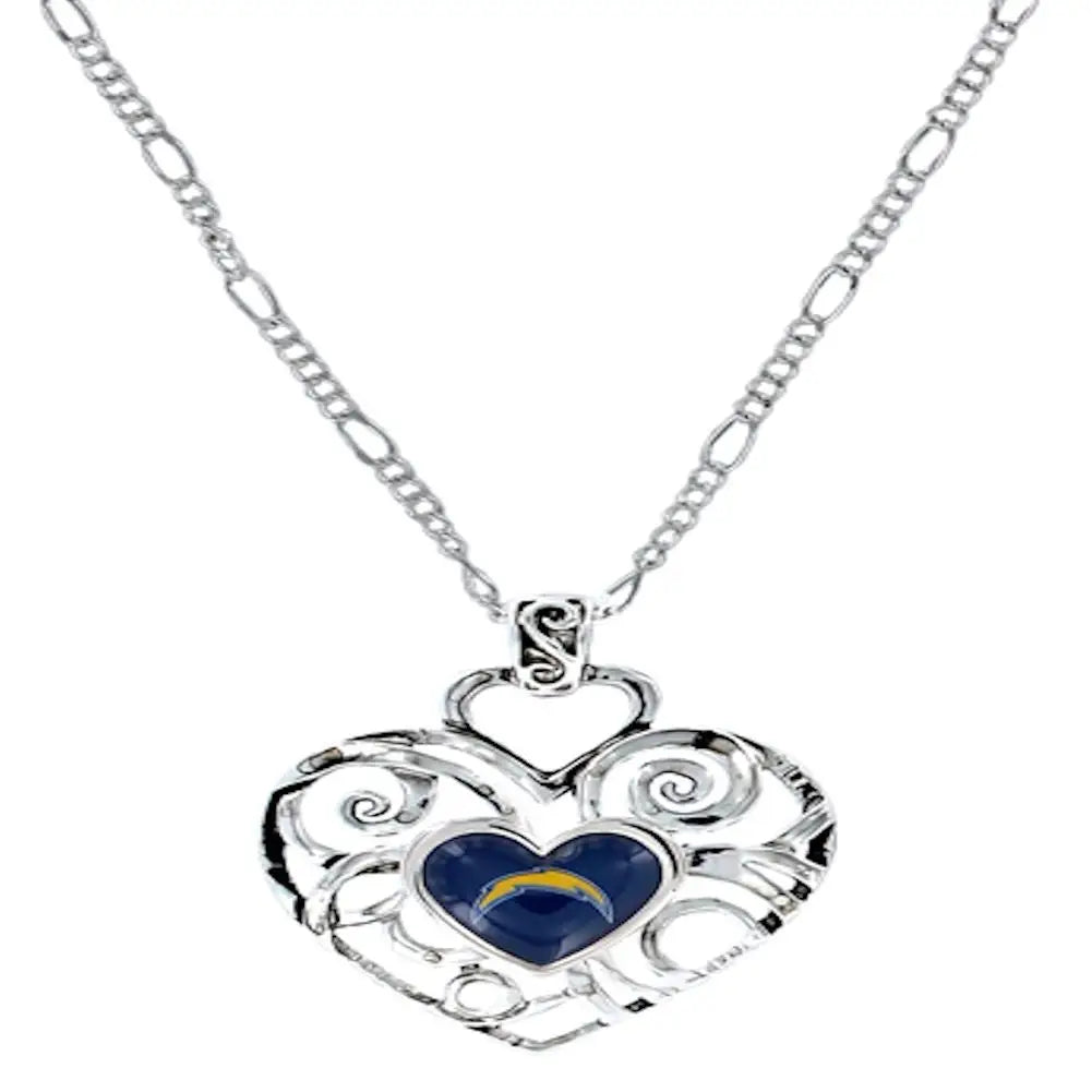 Heart-shaped silver Ivy pendant necklace with filigree and blue center for NFL team