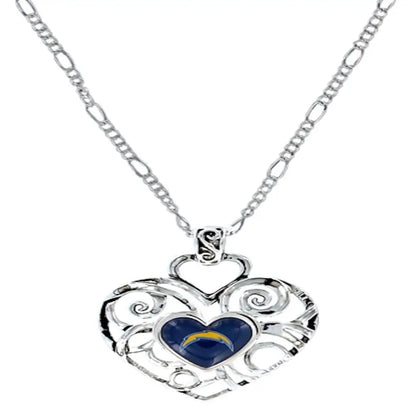 Heart-shaped silver Ivy pendant necklace with filigree and blue center for NFL team
